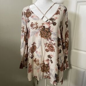 Free People Heart Beat Floral Ivory Criss Cross Tunic Top Long Sleeve Boho XS